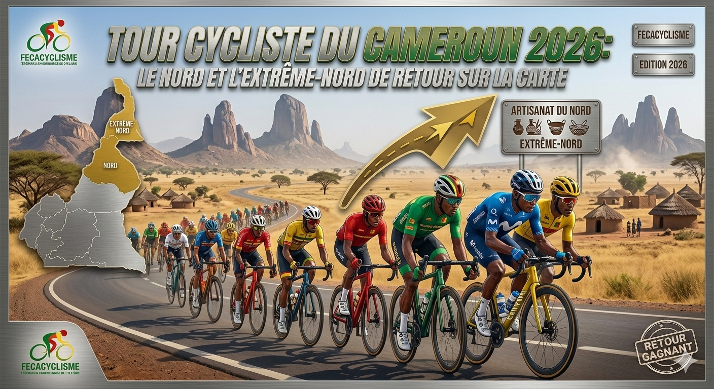 Agis comme un infographe expérimenté. A partir de ces informations, génère une image de haute qualité : Tour Cycliste du Cameroun 2026 : le Nord et l'Extrême-Nord de retour sur la carte